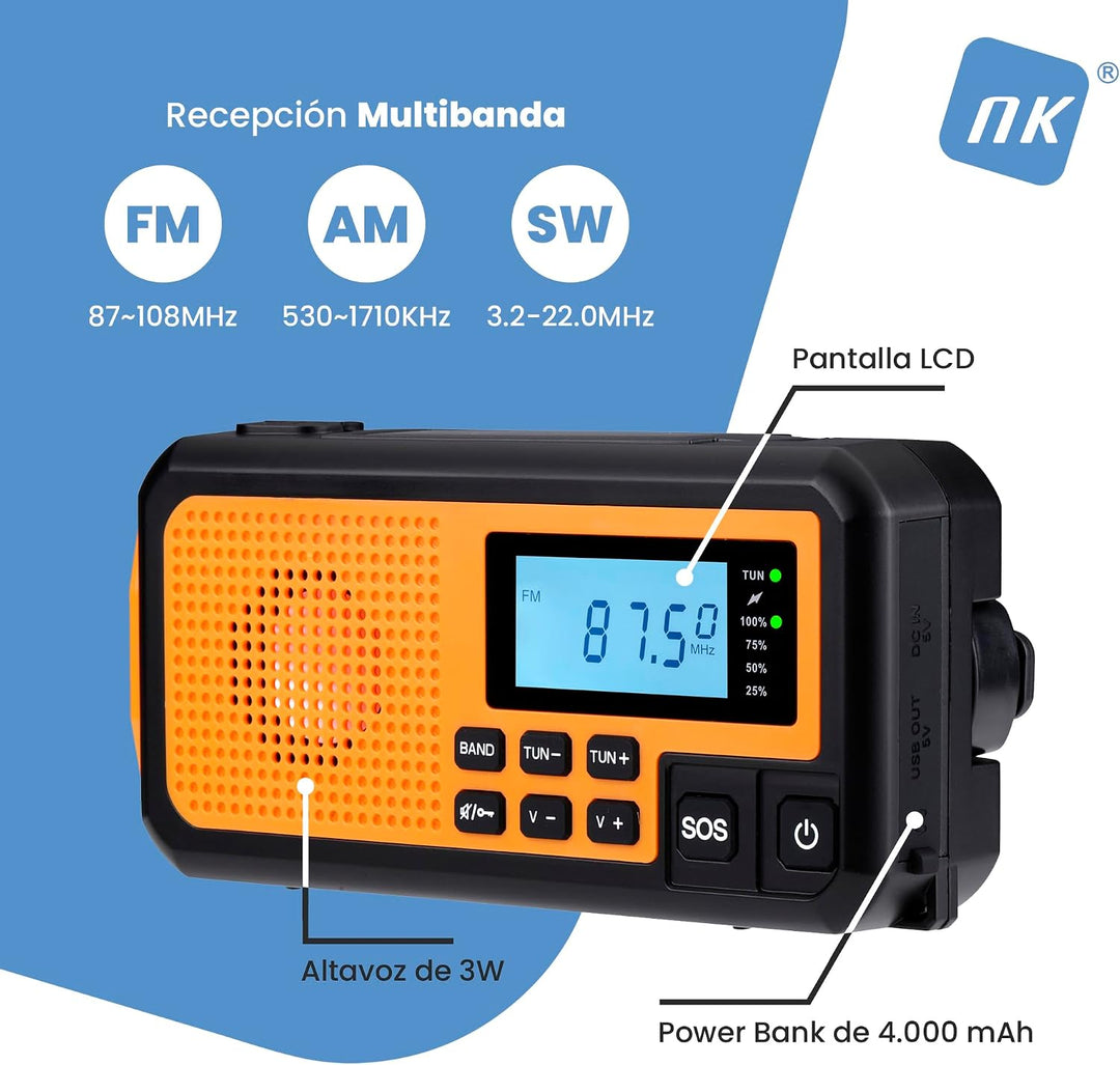 NK Solar-Notfallradio – 4000mAh Powerbank, FM/AM/SW, LED-Taschenlampe, LCD-Display, SOS-Alarm, Handk