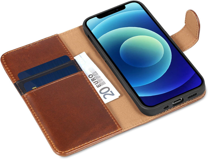 LENSUN Echtleder Handyhülle für iPhone 12 Mini, Dunkelbraun | Echtes Leder Hülle, Standfunktion, Mag