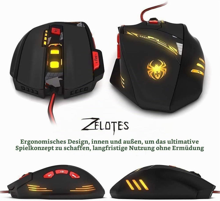 zelotes Gaming Maus,9200 DPI, 8 Programmierbare Tasten,8 Gewichtsblöcke,Multi-Modi LED,Ergonomische