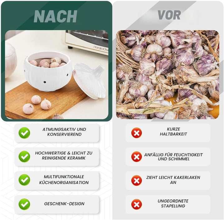 MARUKO Knoblauch Aufbewahrung, Keramik Zwiebeltopf, Keramik-Aufbewahrungstopf für Knoblauch mit Belü