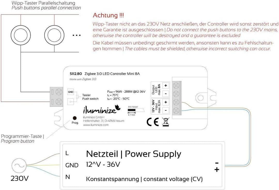 iluminize Zigbee 3.0 LED-Controller 1x 8A, 12V-36V, für weisse LEDs, Lightlink &amp; Touchlink (1x 8A we