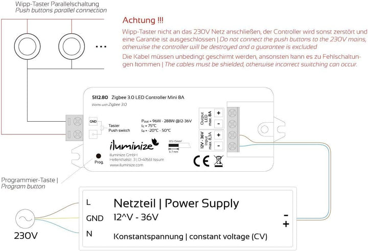 iluminize Zigbee 3.0 LED-Controller 1x 8A, 12V-36V, für weisse LEDs, Lightlink &amp; Touchlink (1x 8A we
