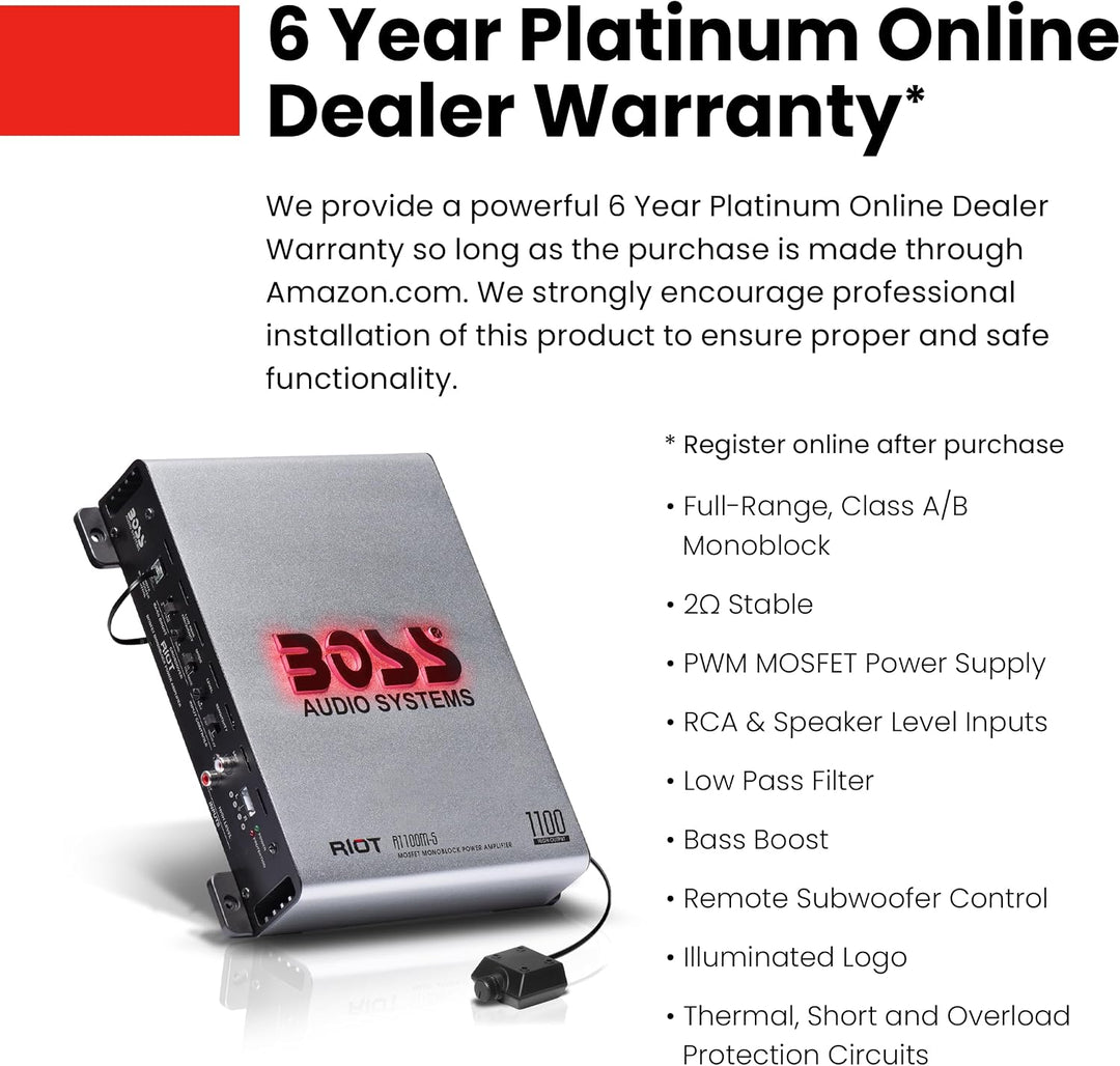 BOSS Audio Systems R1100M-S Riot Series Auto-Audio-Subwoofer-Verstärker – 1100 High Output, Monobloc