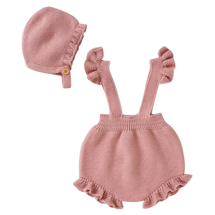 Neugeborenes Mädchen Strap Solide Gestrickte Rüschen Pullover Baby Overall Strampler Mit Hut Outfits