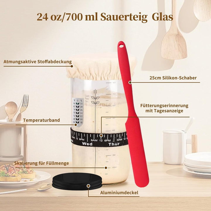 Komplettes Gärkörbchen Sauerteig Starter Set, 700ml Sauerteig Glas mit Gärkorb rund und oval, Spatel