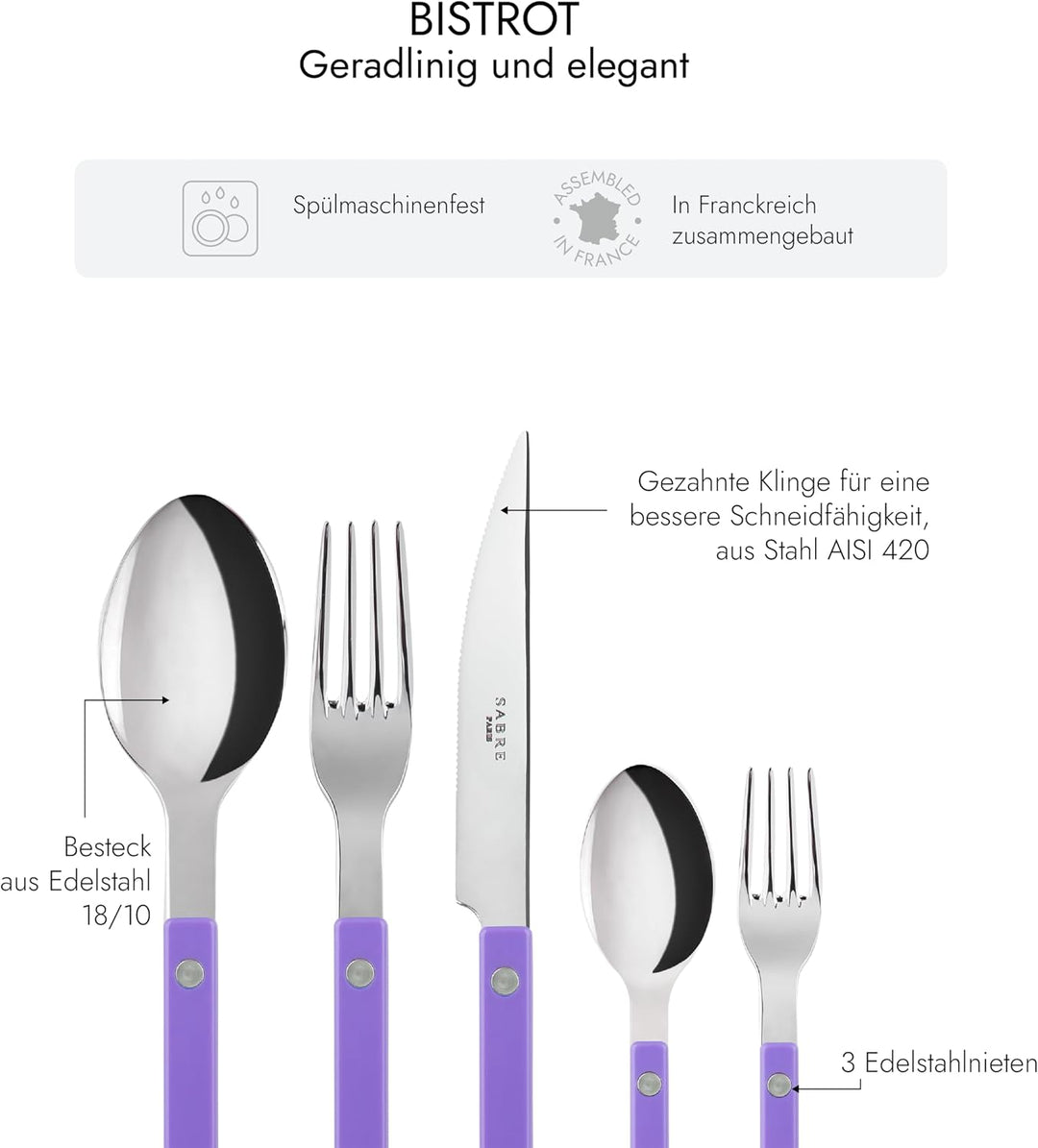 SABRE PARIS - Tafelbesteck, 5-teilig - Bistrot - Messer, Gabel, Esslöffel, Teelöffel &amp; Kuchengabel -