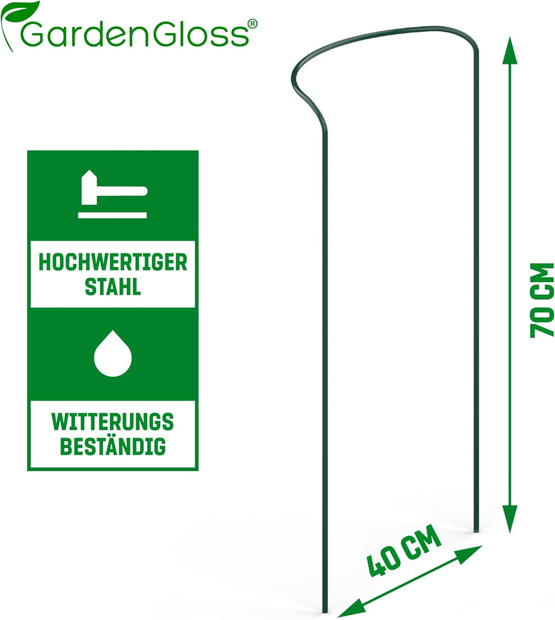 GardenGloss® Strauchstützen aus beschichtetem Stahl (10 Stück) - Staudenhalter halbrund 70cm x 40cm