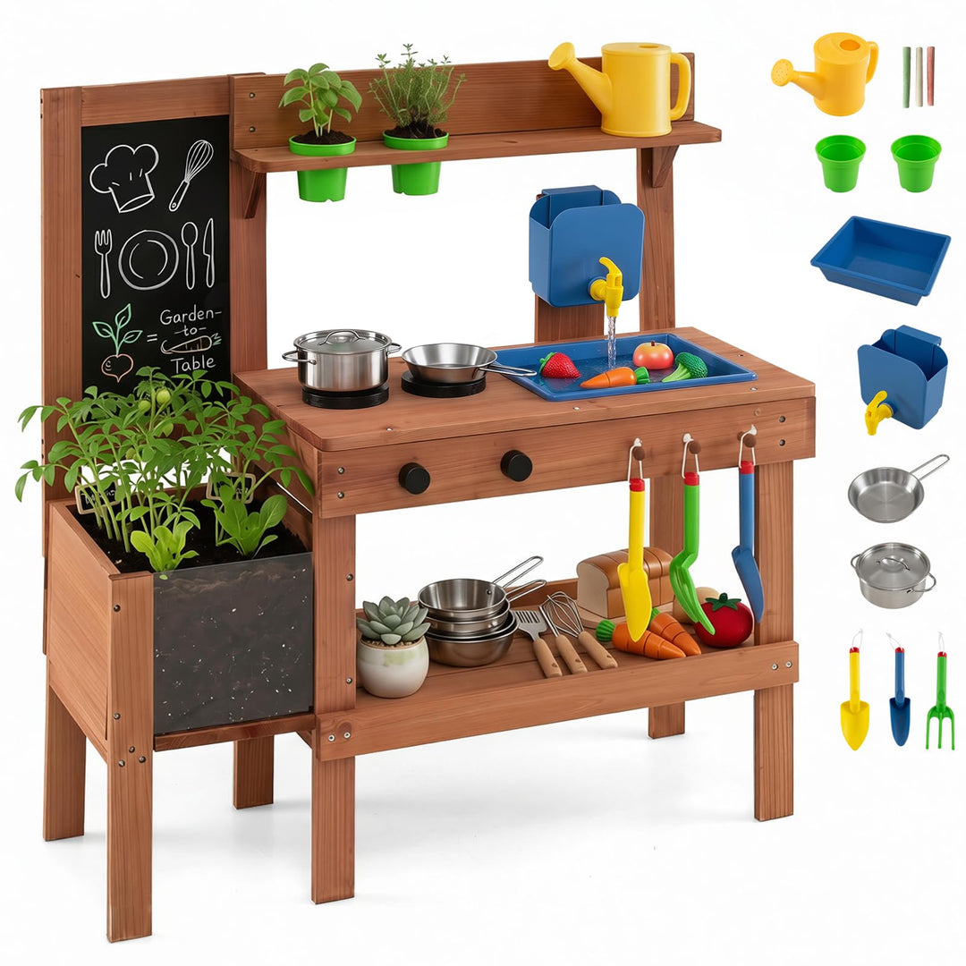 HOMASIS Spielküche Outdoor, Matschküche mit Herden, Spülbecken, Wasserhahn &amp; Wassertank, Holzküche m