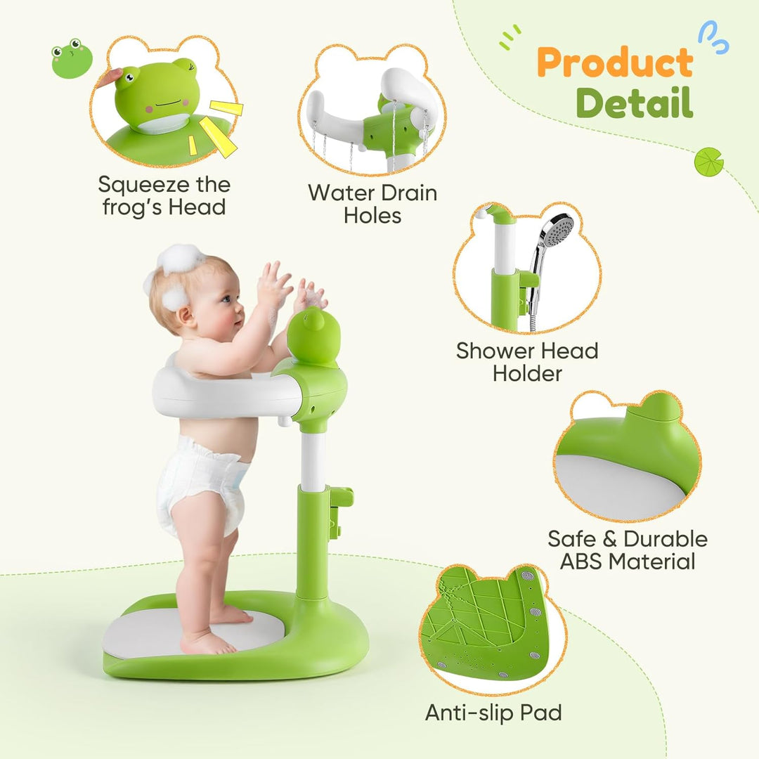 Baby Dusche Ständer, Einstellbarer Duschständer Kind mit Duschsitz &amp; Antirutsch-Basis, Baby Badewann