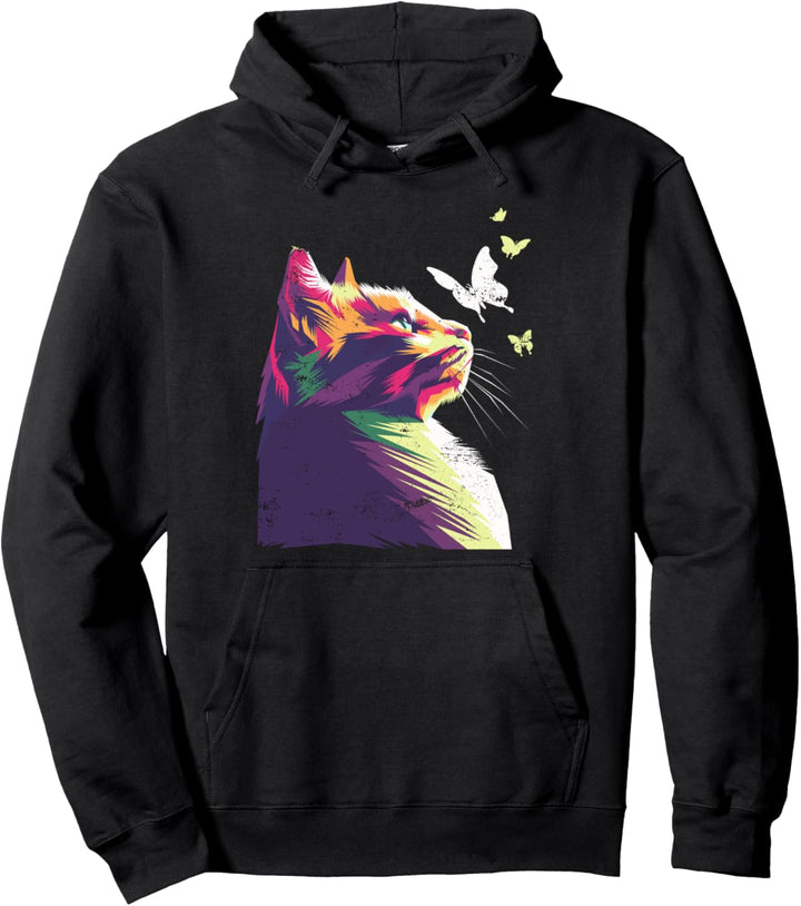 Schöne bunte Katze mit Schmetterlingen, lila Pullover Hoodie