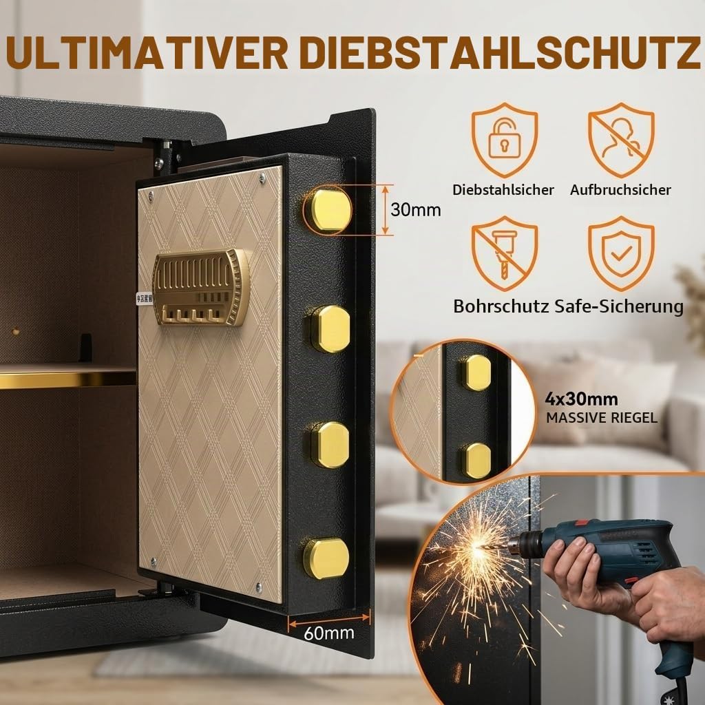 53L Digitaler Einbruchschutztresor mit 3-Wege-Schloss | Stahlbau, herausnehmbares Regal, Dual-Alarm,