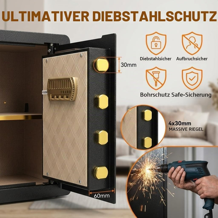 53L Digitaler Einbruchschutztresor mit 3-Wege-Schloss | Stahlbau, herausnehmbares Regal, Dual-Alarm,