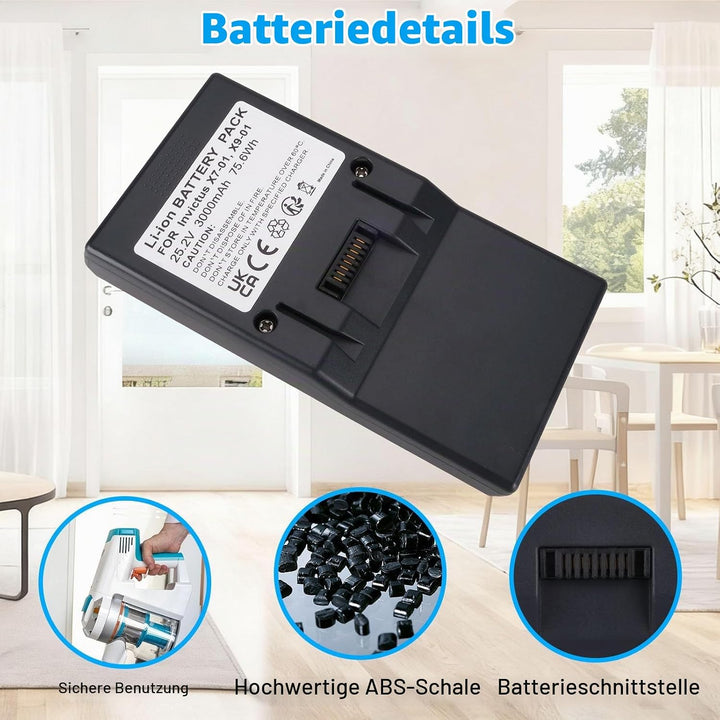 25,2V 3000mAh Akku kompatibel mit Genius Invictus X7, X7-01, X9, X9-01, A8, A9 Staubsauger 101904370