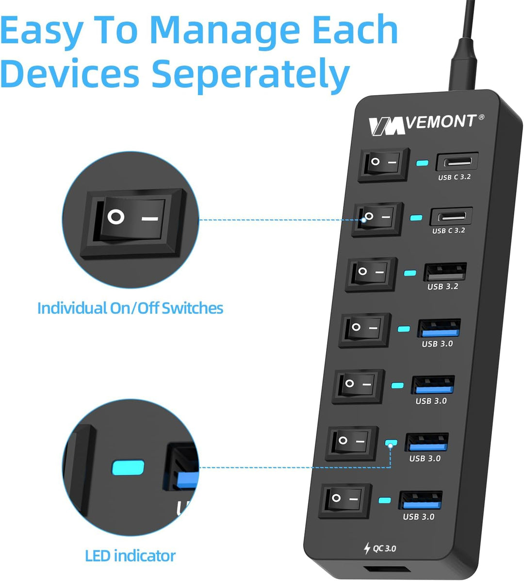 USB 3.2 Hub mit Netzteil, VEMONT 8-Port USB C Hub mit 10Gbps Port &amp; 12V/4A Schwarz 8 Ein Netzteil +
