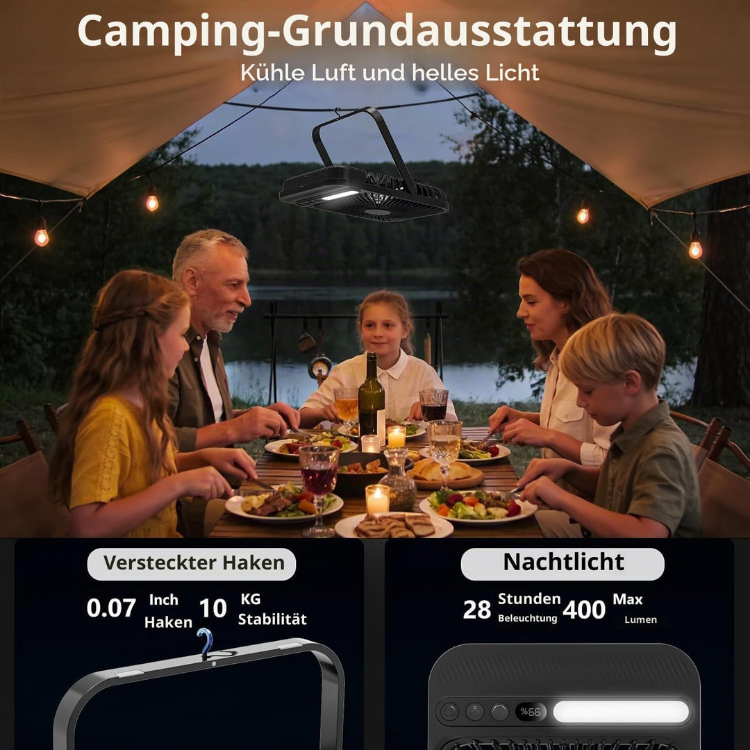 10000mAh Akku Ventilator, Sehr Leiser Tischventilator mit Lampe, 23 cm hoch, bis zu 28 Std. Laufzeit