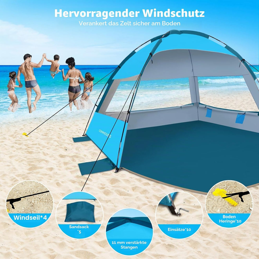 COMMOUDS Strandmuscheln für 8-10 Personen, Tragbarer Strandzelt mit UV-Schutz 50+, Familie Sonnenzel