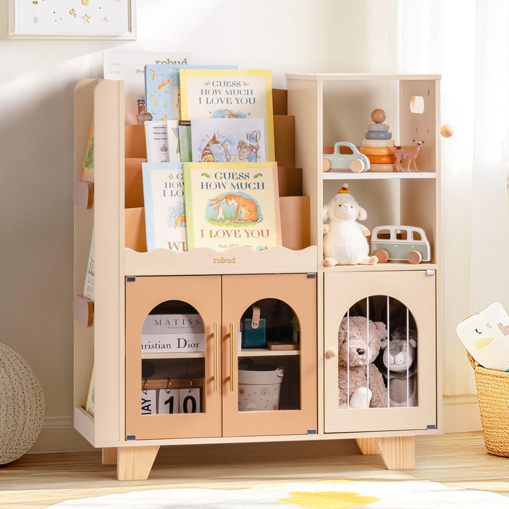 ROBUD Kinder bücherregal Karamellfarbe, Holz Standregal,mehrstufig, mit Spielzeugaufbewahrungszone,