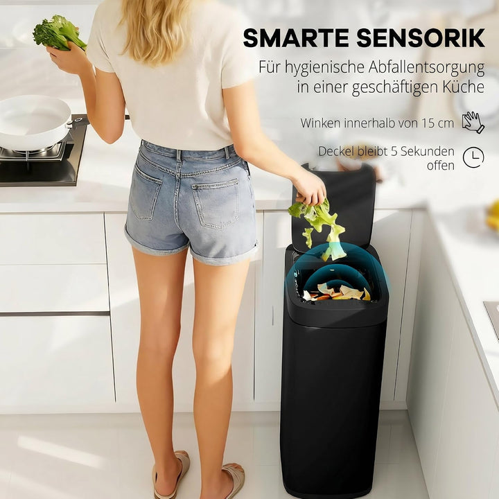 HOMCOM 50L Sensor-Mülleimer Berührungslos mit Bewegungssensor Schwarz, Schwarz