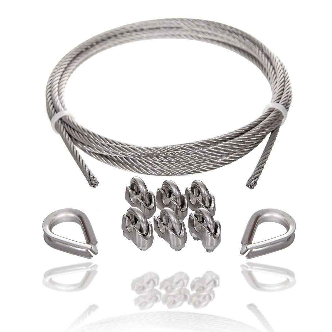 Drahtseile24 Edelstahlseil Set mit 6x Seilklemmen und 2x Seilkauschen | Edelstahl Drahtseil Set | 2m