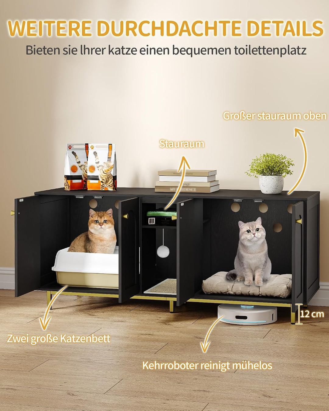 Hzuaneri Katzenschrank für 2 Katzen, Katzenklo Schrank, Katzenhaus Versteckt mit Doppelräumen, Mit S