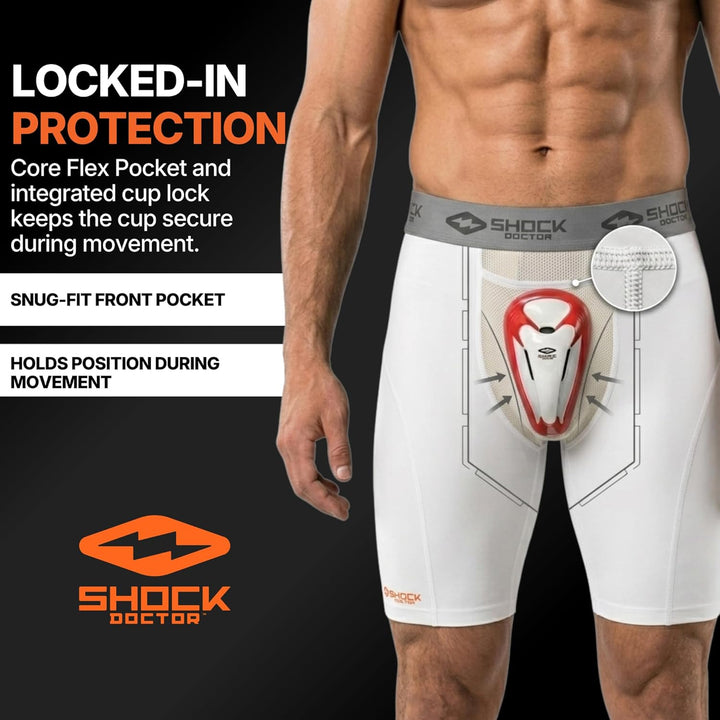 ShockDoctor Herren Tiefschutz Kompressions-Short mit Bioflex Cup S Weiss, S Weiss