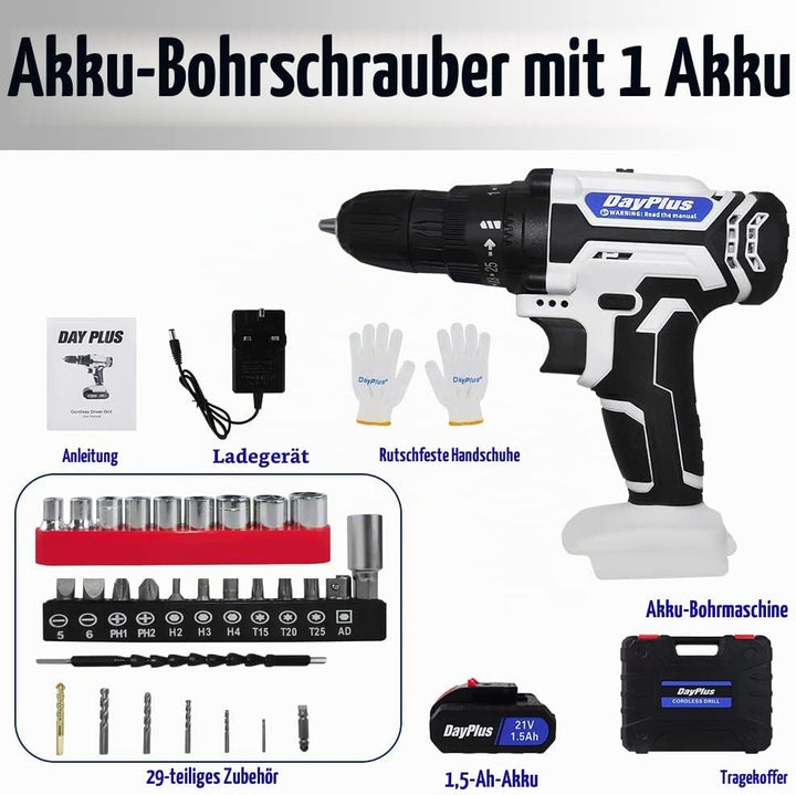 Akkuschrauber 21V Akku Bohrmaschine mit 25+1 Drehmomentstufen, 42Nm Akku-Bohrschrauber mit 45Nm Akku
