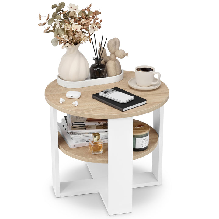 Couchtisch rund Ø53 cm - Kleiner Beistelltisch mit Ablage - Sonoma Eiche - 2 Ebenen, runder moderner