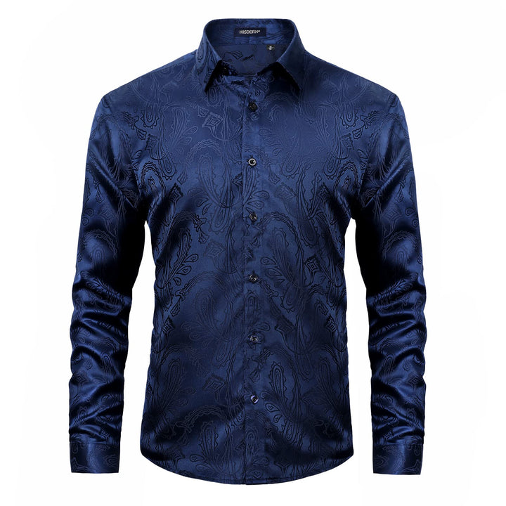 HISDERN Herren Paisley Hemd Langarm Satin Blumen Muster Hemd für Männer Jacquard Stickerei Freizeith