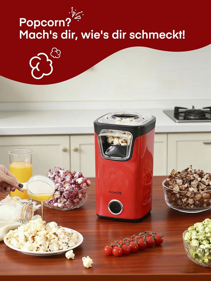 FOHERE Heissluft Popcornmaschine, 1100W Popcorn Maker Maschine, Mit Messbecher, Transparente Abdecku