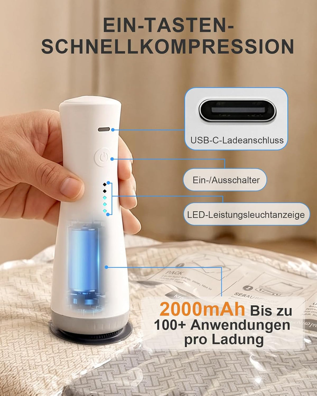 Anpro Vakuumbeutel für kleidung mit Kabellose Vakuumpumpe, 9 Stück Vakuumierbeutel Wasserdichte Wied