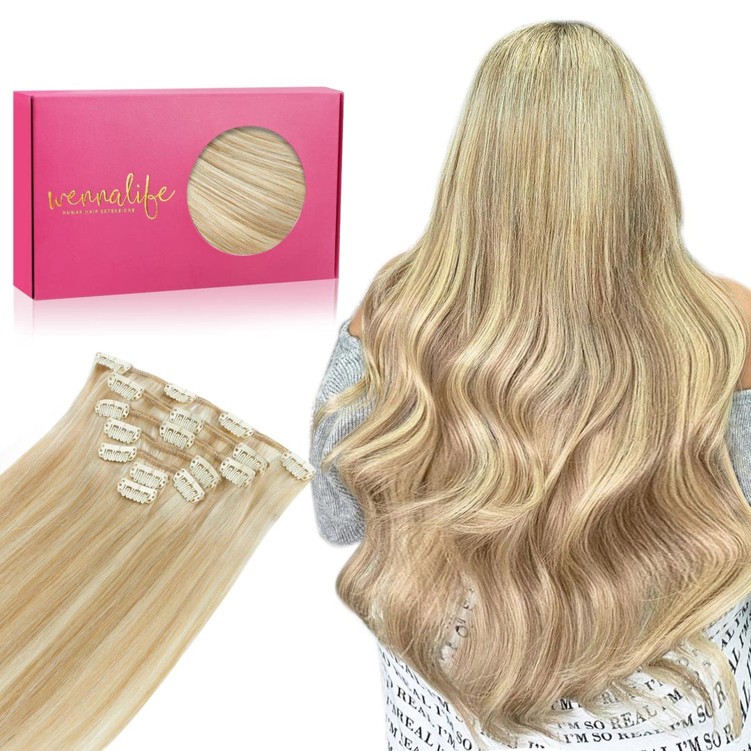 WENNALIFE Clip in Extensions Echthaar, 70g 7pcs 45cm Dreckiges Blond Highlights Bleichblond Echthaar