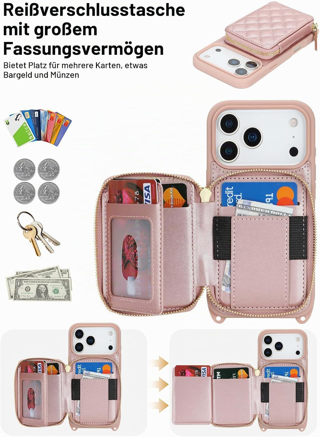ELTEKER Handyhülle für iPhone 17 Pro Hülle mit Band Verstellbarem Schultergurt, Reissverschluss Geld