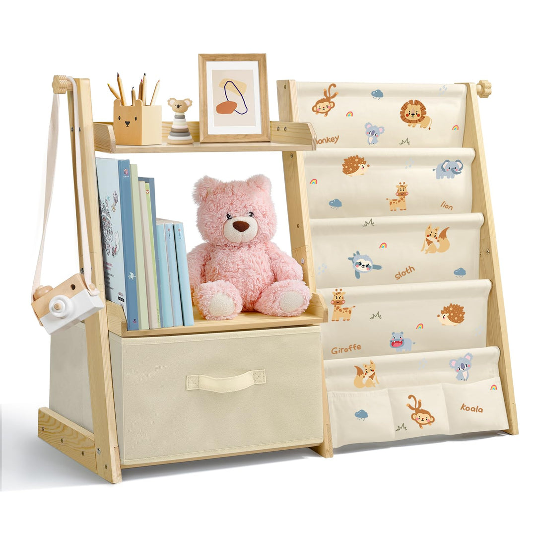 Bücherregal Kinder Kinderzimmer Spielzeug Aufbewahrung mit 4 Regalebenen &amp; Aufbewahrungsbox, Kinderr