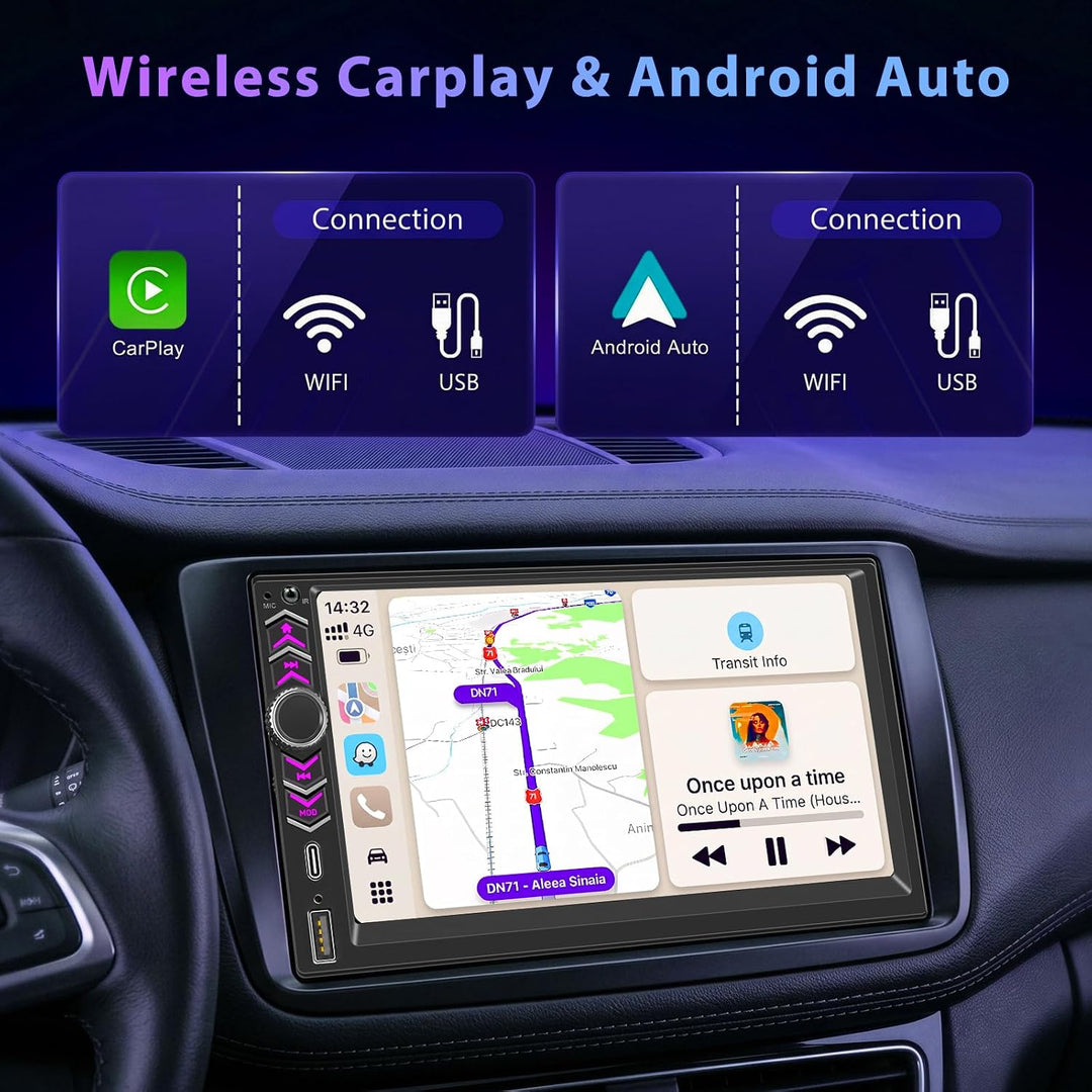 Autoradio 2 DIN mit Kabellosem Apple CarPlay und Android Auto, 7 Zoll HD Touchscreen Auto Stereo mit