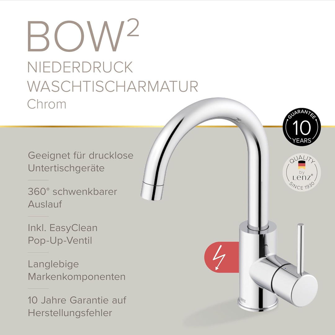 Lenz Niederdruck Waschtischarmatur Bow² in Chrom – 360° schwenkbarer Bogenauslauf – Mit EasyClean Po
