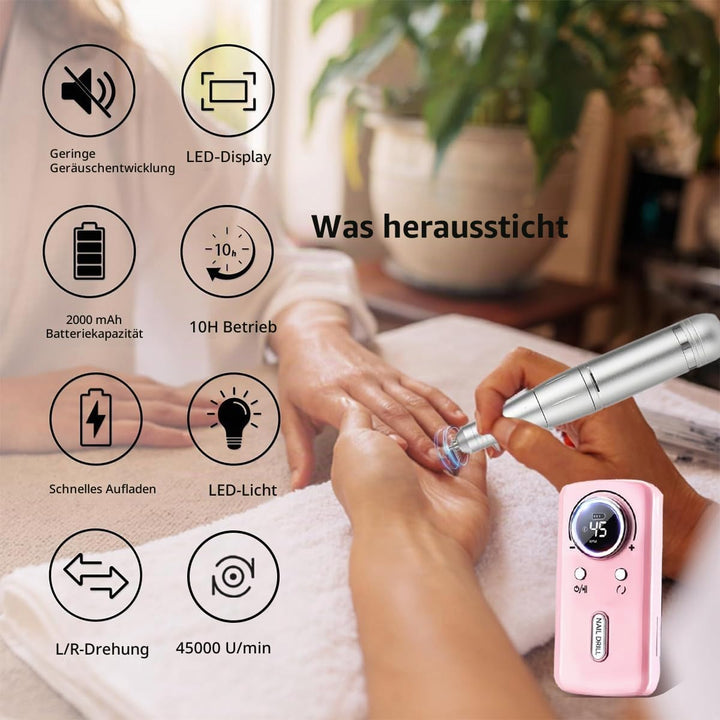 Elektrische Nagelfeile/Nagelfräser 45000 U/min [LCD+12 Köpfe] – Leise aufladbare Nagelmaschine mit 1