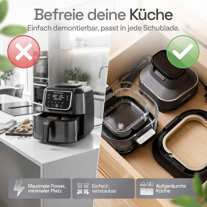 Airfryer Glas mit Glasbehälter, Temperatur einstellbar 60–200°C Graphitgrau 4l + 1,5l, Graphitgrau 4