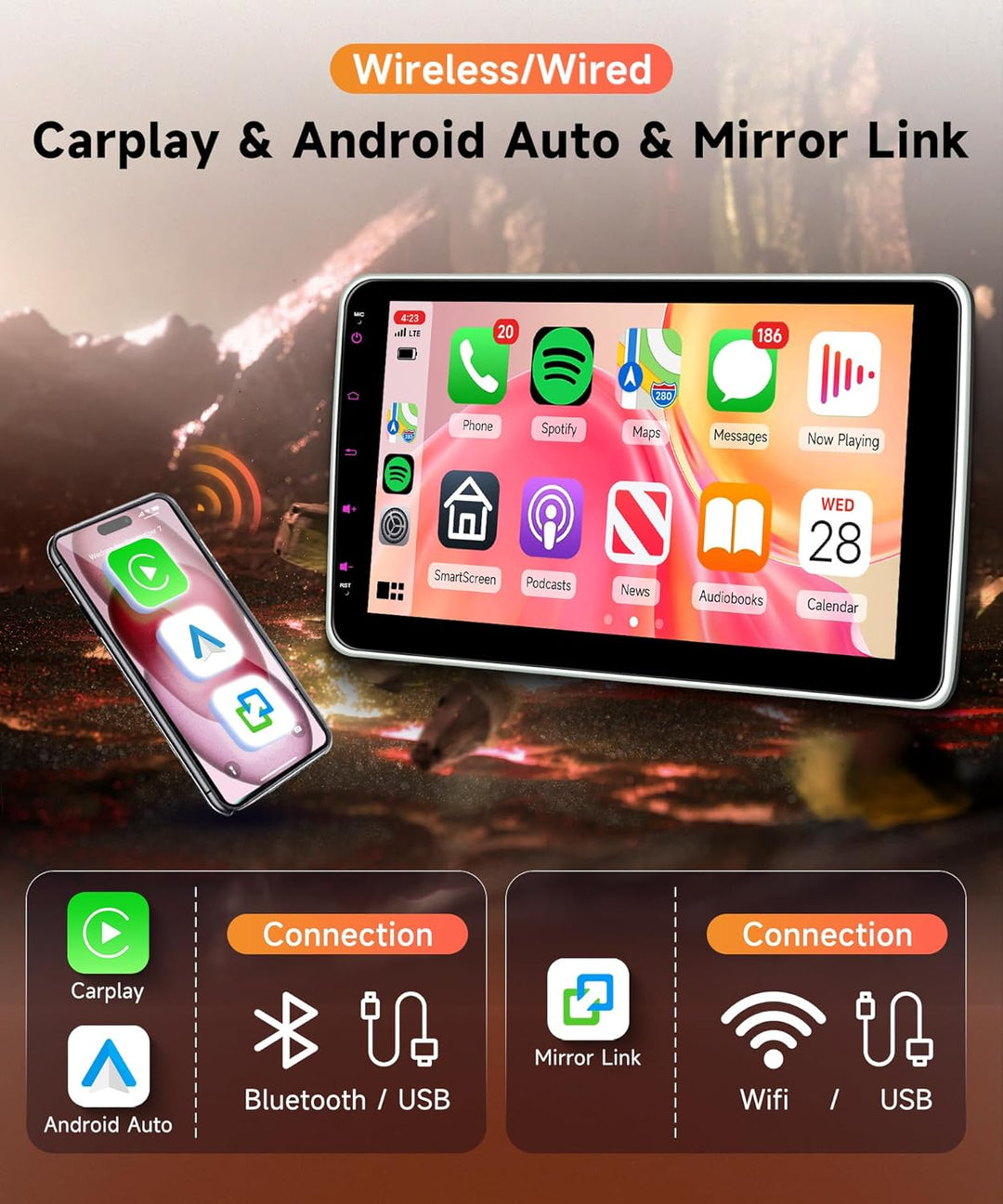 Rimoody Wireless Carplay Autoradio 1 Din mit Wireless Android Auto, 10 Zoll Einstellbar Touchscreen