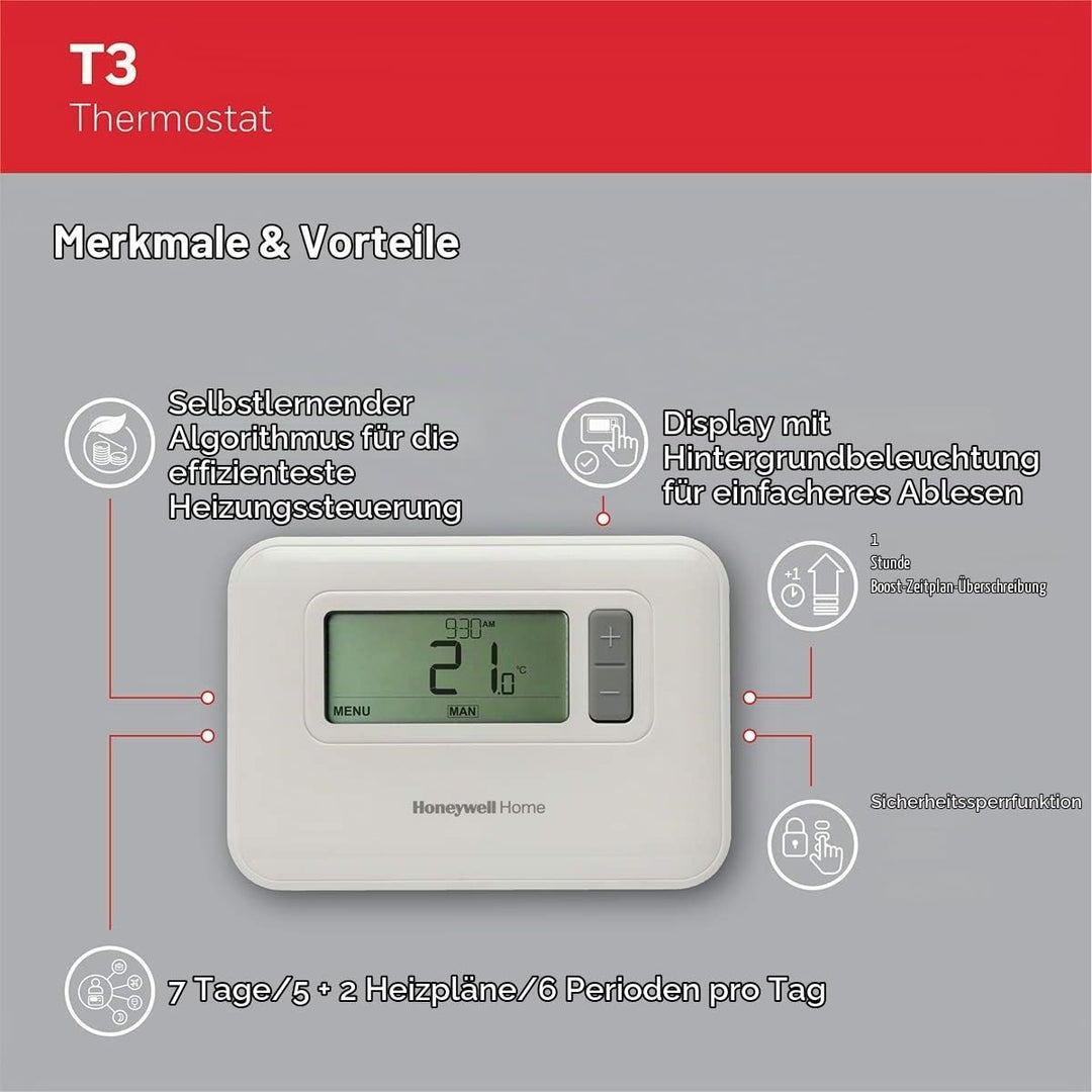 Honeywell Home T3C110AEU T3 7-Tage programmierbarer kabelgebundener Thermostat, Weiss Wire, Wire
