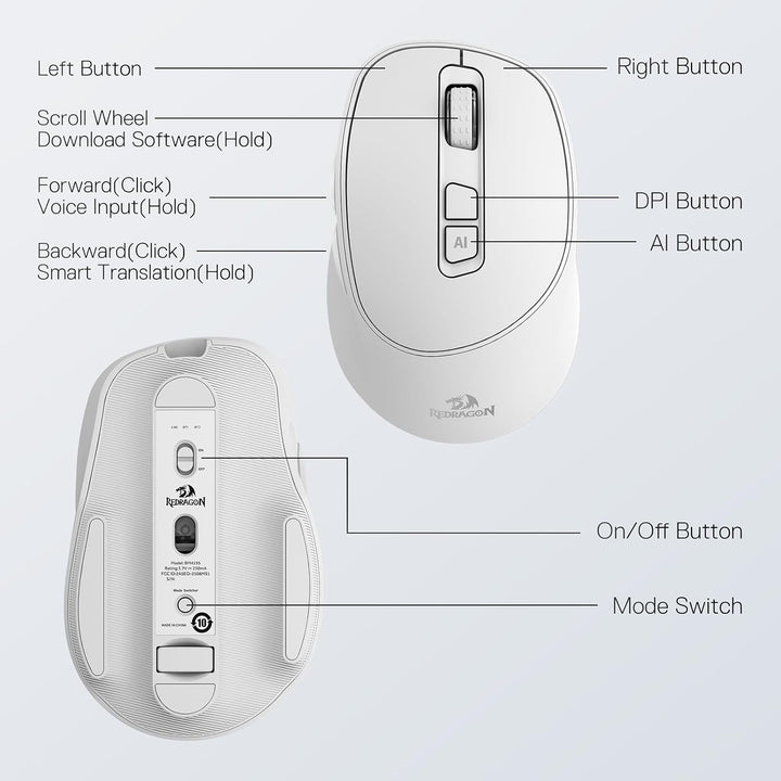 Redragon BM4195 AI Smart Kabellose Maus 2.4G BT Büro Weiss, Weiss
