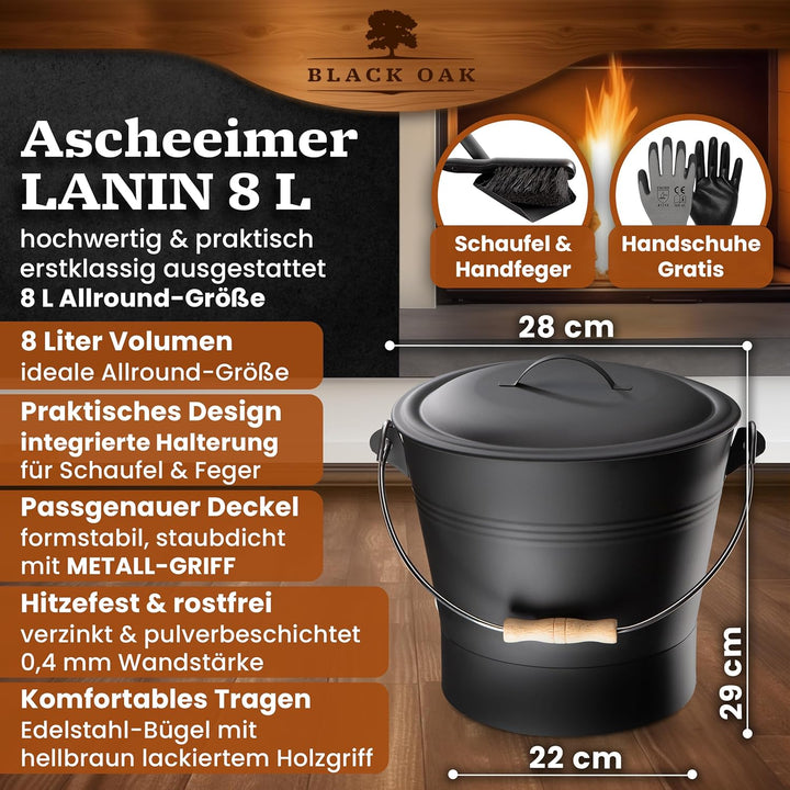 BLACK OAK Ascheeimer LANIN 8L - Asche-Eimer schwarz mit Deckel &amp; Holz-Griff HELL + Feger + Schaufel
