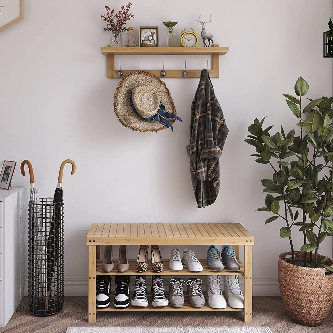 SMIBUY Kleiderhaken mit Regal Wandmontage, 74 cm Eingangsbereich Garderobe für Wand, Bambus-Hängereg