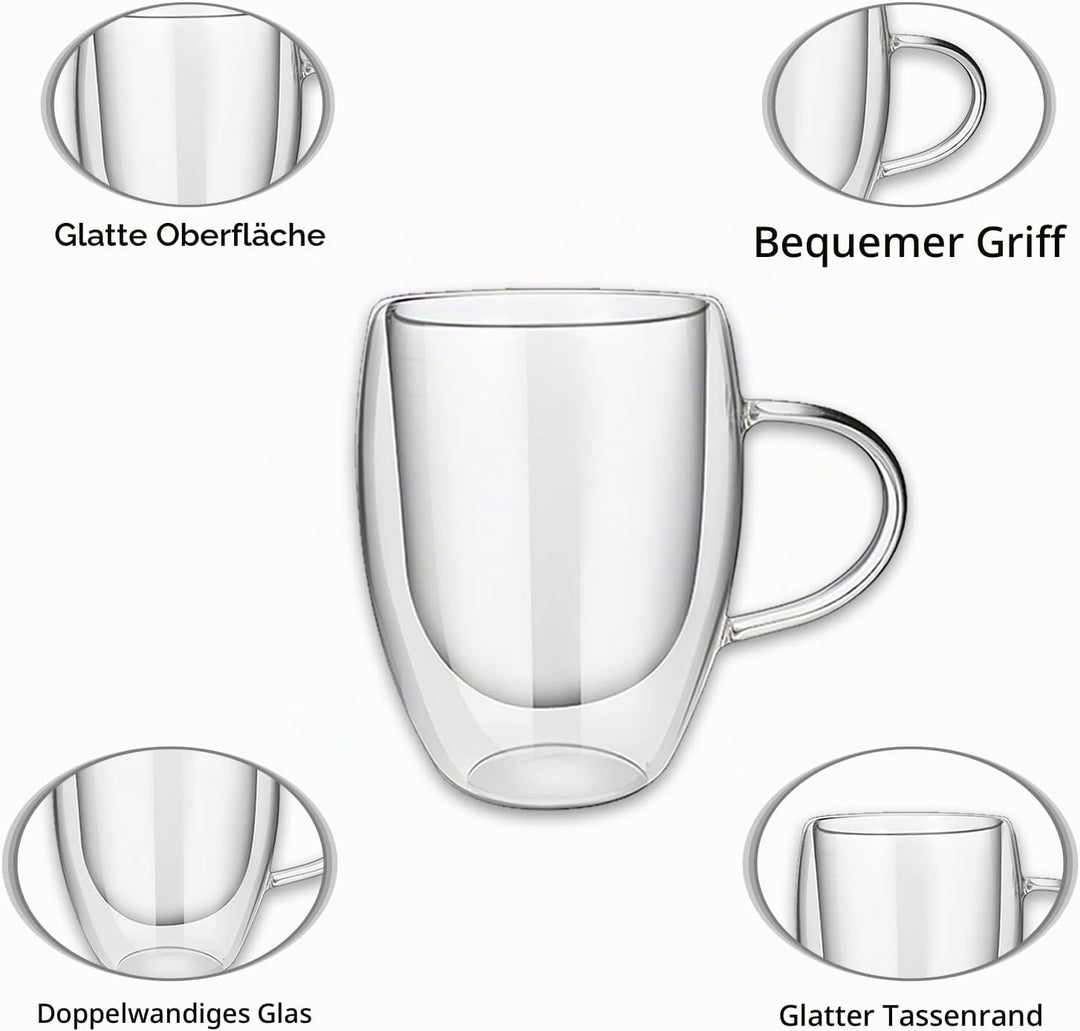 Latte Macchiato Gläser 350 ml, 6er Set, doppelwandige Kaffeegläser mit Henkel, aus Borosilikatglas,
