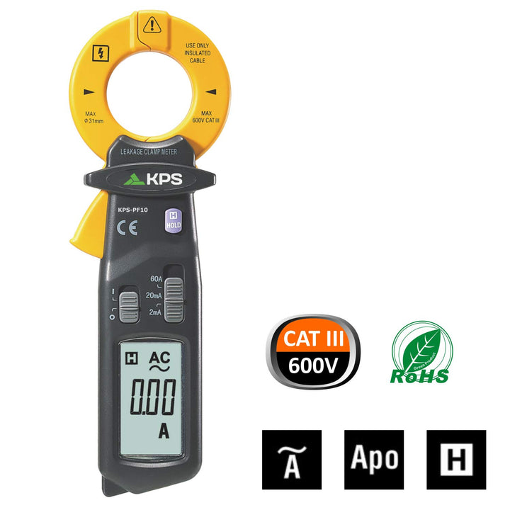 KPS-PF10 Leckstromzange Meter AC 60A 2000 Zähler Strommesszange CAT III 600V