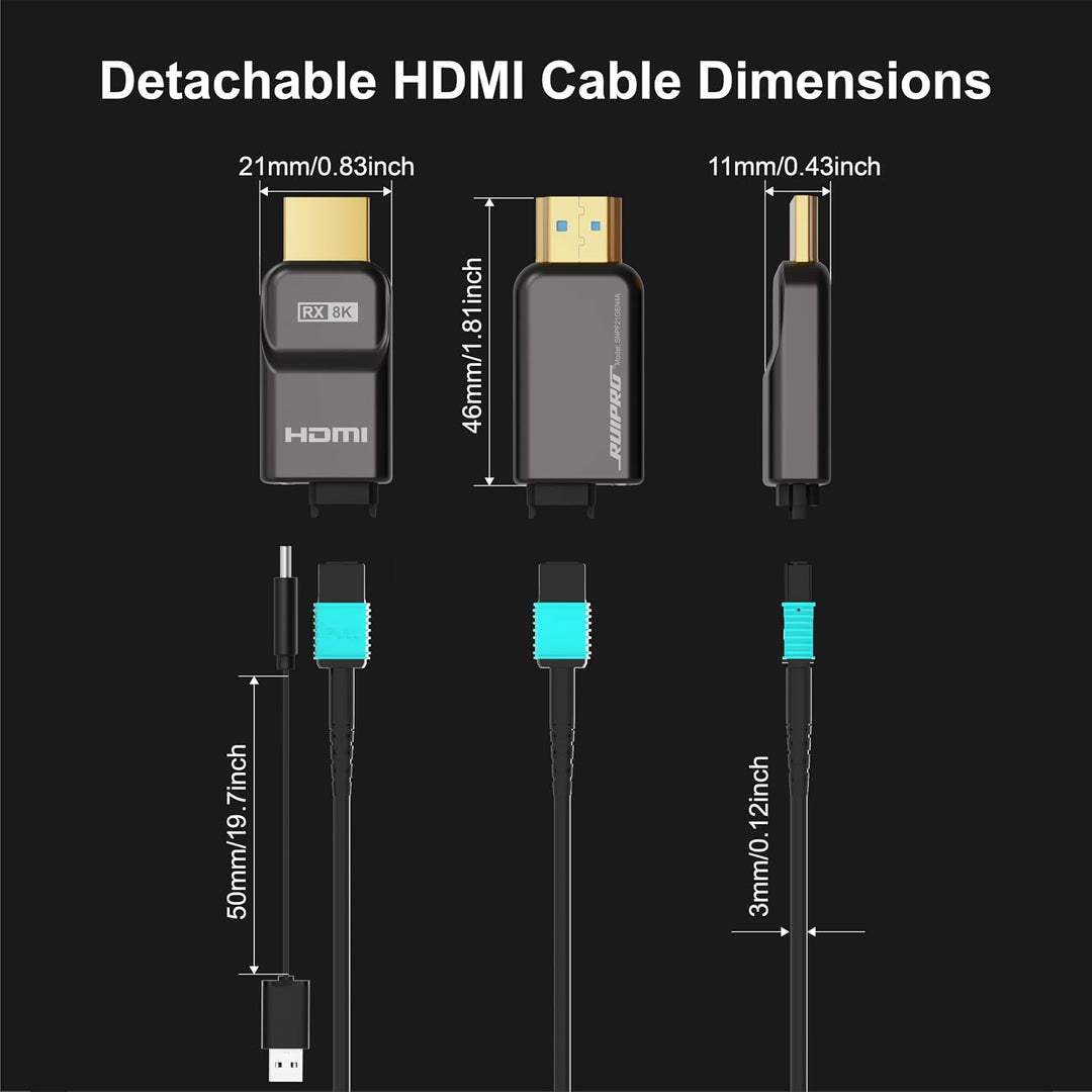RUIPRO 8K HDMI 2.1 Kabel mit abnehmbarem Stecker aus reiner Glasfaser, 200 m, armiert, Ultra High Sp