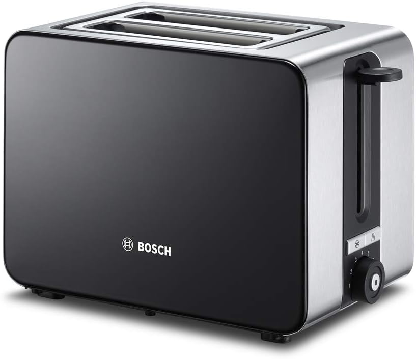 Bosch TAT7203 Kompakt-Toaster, Auftau/Aufknusperfunktion, 1050 W, Edelstahl/schwarz &amp; belloser Wasse