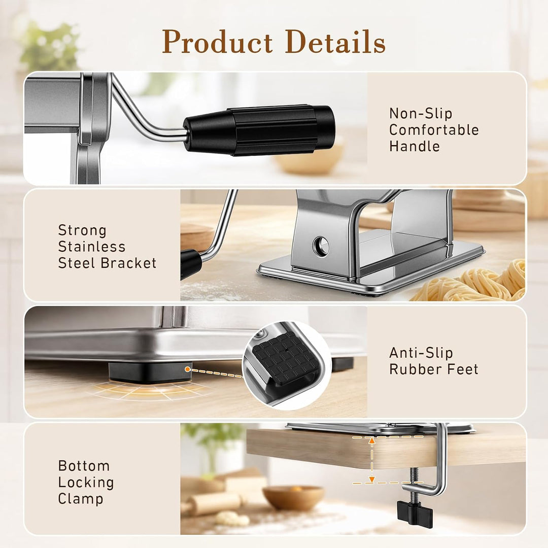Nudelmaschine Manuelle, Edelstahl Pasta Maker mit 2 Schneidern, Nudeltrockner Nudelständer und 9 Ein