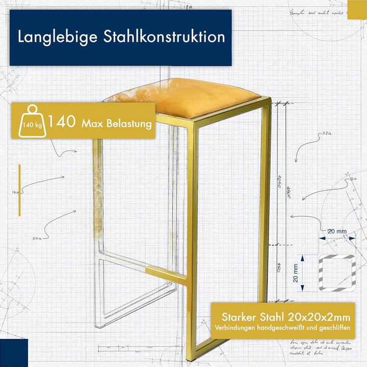 FERRO modern design Barhocker Gold ohne Lehne 64 cm - Metal Barstuhl mit Gepolstertem Sitz - Loft St