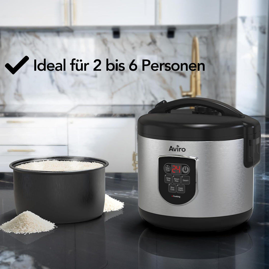 Aviro Reiskocher – Slow Cooker – 1,2 l – 7 Funktionen – Warmhaltefunktion – Reiskocher – Antihaftbes