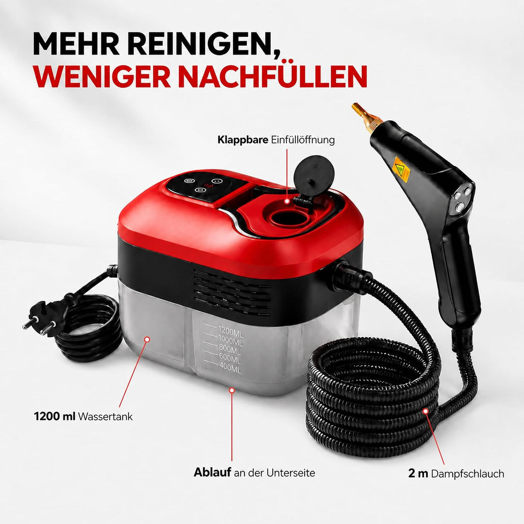 2500W Handdampfreiniger mit Schnellaufheizung in 15 Sekunden und 6 Dampfstufen – tragbarer Hochdruck